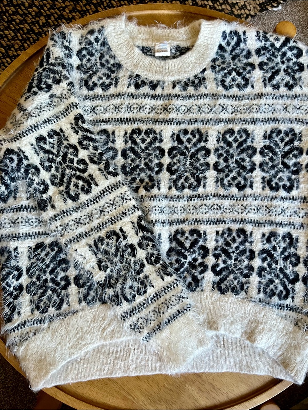 Mohair Blend Fair Isle Sweater Womens L Cream Black Fuzzy Nordic Knit Boho